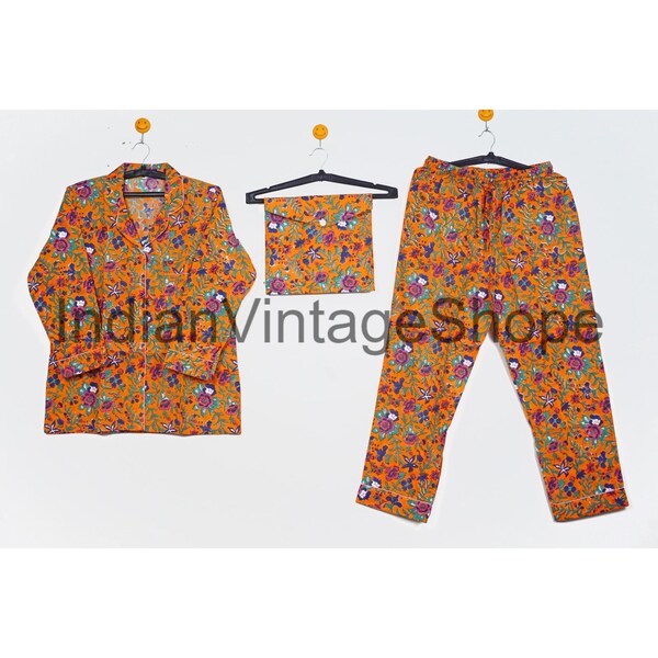 Indian Handmade Pure Cotton Pyjama Suit, Daily Wear Women Dress, New Floral Print Cotton Pajama Set, New Lounge Wear Shirt Pant With Bag