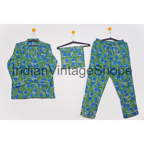 New Design Flower Print Cotton Pajama Set, Handmade Women Pant Trouser Shirt Bag, Indian Night Wear Women PJ Suit, Block Print Lounge Wear