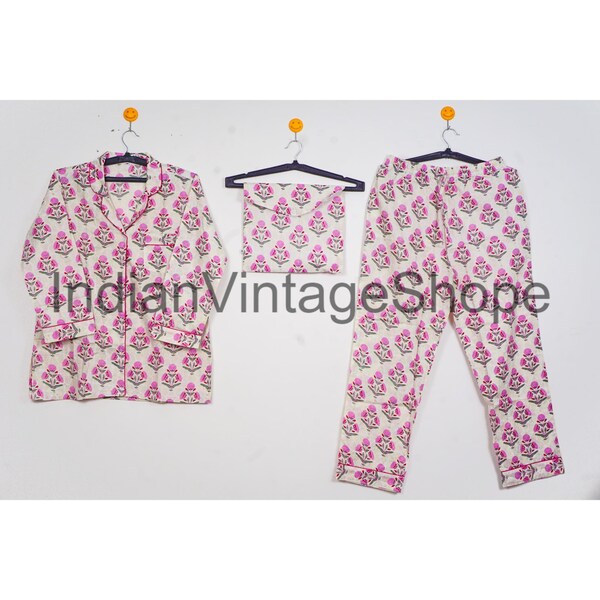 Hand Block Print Pure Cotton Pyjama Set, Indian Flower Print Night Wear Girls Dress, Cotton Pajama Set, Women PJ Set, Beach Cover Up Dress,