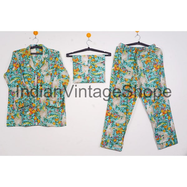 Indian Bird Print Pure Cotton Pajama Suit, Pure Cotton Night Wear Dress, Hand Block Print Pajama Set, Pajamas Set, Soft Cotton Night Suit