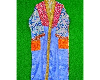Ethnic Sleepwear Dress Indian Handmade Long Kimono Dressing Gown Vintage Wrap Dress Indian Recycled Sari Kimono Robe Women Night Gown Maxi