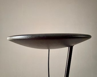 May include: A dark brown, mid-century modern style floor lamp. The lamp features a circular shade and a slender, angled support. A black power cord extends from the shade.