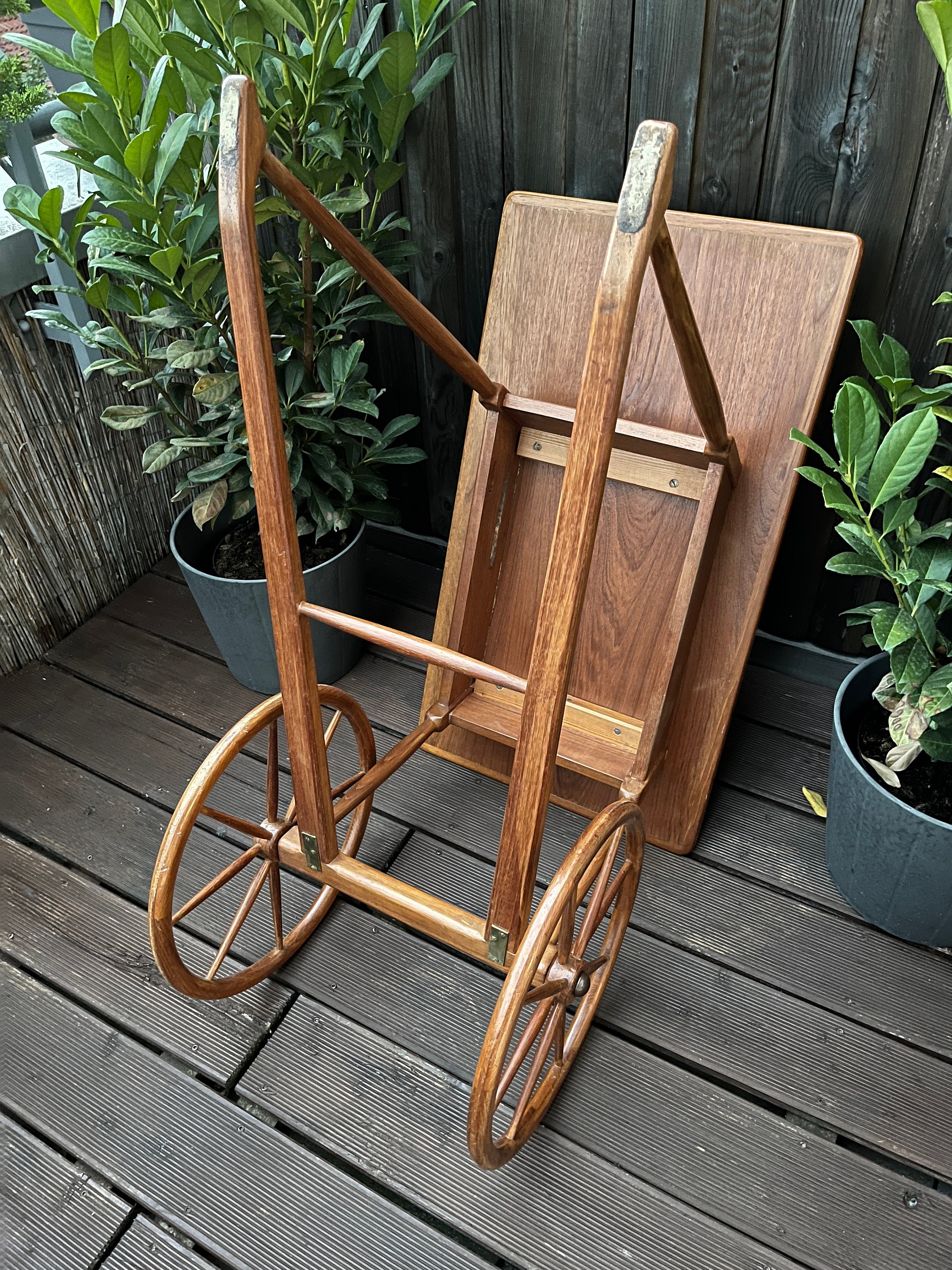 Chariot De Service Vintage En Teck Et Pin - Milieu De Siècle - Support Plante Orange
