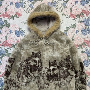 Vintage Wolf Animal Fleece Zip up Jacket Hooded Fur XL Etsy Ireland