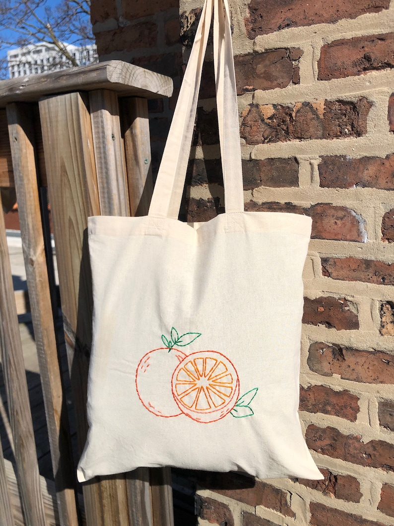 Hand Embroidered Oranges and Leaves Tote bag
