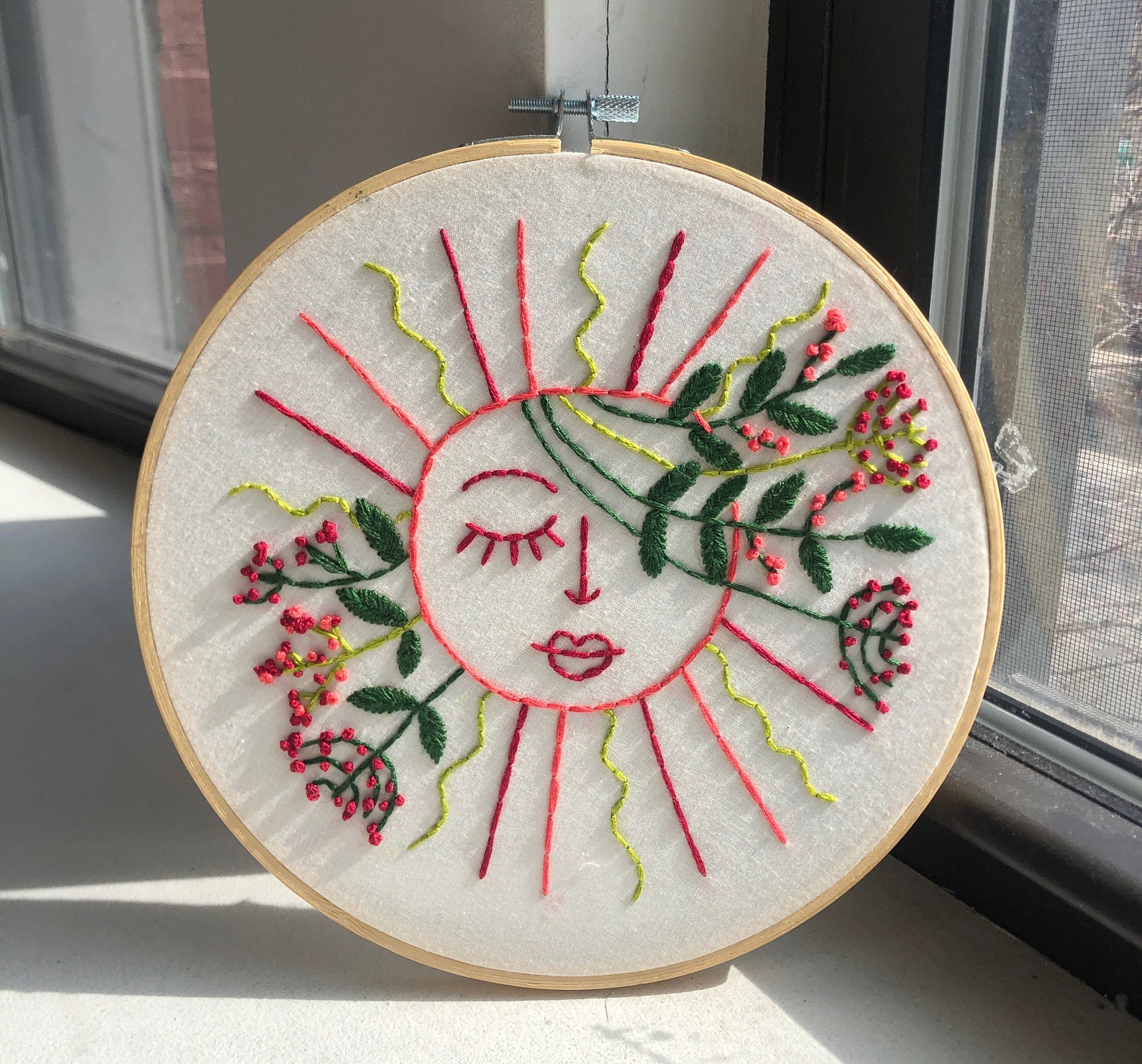 Hand Embroidered 8in Hoop Wall Decoration of the Sun Etsy