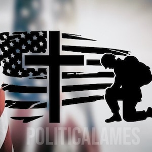 Distress American Flag Military With Cross Vinyl Decal | Army | Marine | God | Car Truck Decal | Laptop/Yeti Decal | Made in the USA