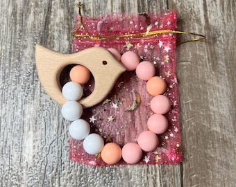 Personalized Beechwood Silicone Sensory Ring | Montessori Baby Rattle