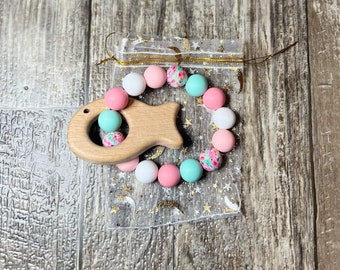 Personalized Beechwood Silicone Sensory Ring | Montessori Baby Rattle