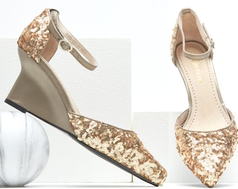 Gold Sequin Wedge Heels, Leather Occasion Shoes
