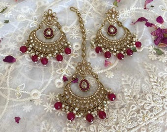 Deep Red Earrings and Tikka Set: Indian Pakistani Wedding Polki Jewellery