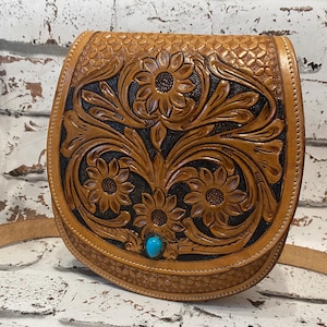 Handcrafted Tooled Leather Crossbody Bag: Floral Carved Boho Purse