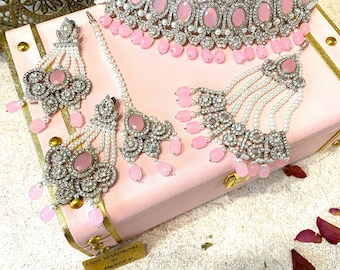 Baby Pink Silver Stone Complete Bridal Necklace Set,Indian bride ,wedding,Punjabi