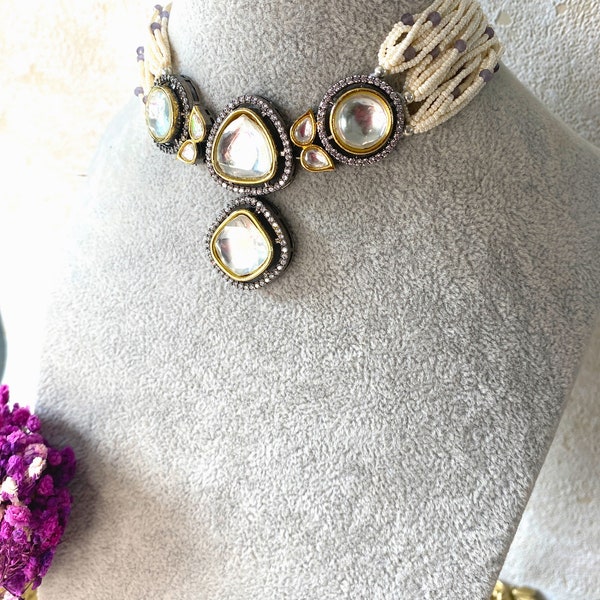 collier tyaani kundan FABIHA non coupé, perles violettes, luxe, inspiré de sabyasachi, vêtements de fête, cadeau pour elle, mariage, mariée, fait à la main, zircon cubique
