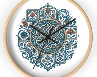 Celtic Knot Floral Medallion Wall Clock | Ornate Blue Terracotta Moroccan Tile Design, Arab Contemporary Arts Clock Islamic Wall Decor