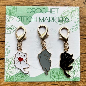 Cat Crochet Stitch Markers - Set of 3 Pieces - Silly Black, White, Grey Cats - Crochet Accessories and Progress Keepers