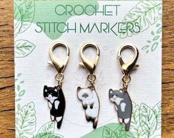 Cat Crochet Stitch Markers - Set of 3 Pieces - Black, White Siamese, Grey Cats - Crochet Accessories and Progress Keepers