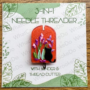 3-in-1 Needle Threader with Minder and Thread Cutter - Black Garden Cat Sewing Tools - Hand Embroidery, Sewing, Cross Stitch -Single Item
