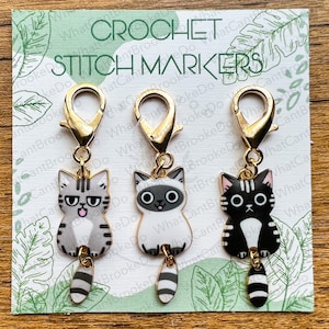 Cat Crochet Stitch Markers with Moveable Tail - Set of 3 Pieces - Crochet Accessories, Notions, Progress Keepers - White, Grey, Black Cats