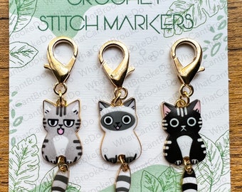 Cat Crochet Stitch Markers with Moveable Tail - Set of 3 Pieces - Crochet Accessories, Notions, Progress Keepers - White, Grey, Black Cats