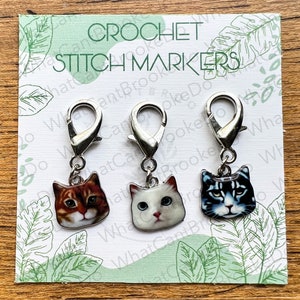 Realistic Cat Face Crochet Stitch Markers - Set of 3 Pieces - White, Grey, Orange - Crochet Accessories and Progress Keepers - Cute, Kitties