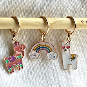 Cute Knitting Stitch Markers - Set of 3 Pieces - Donkey Piñata, Llama, Rainbow - Knitting Accessories and Progress Keepers - Ring Style