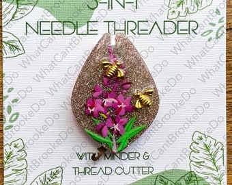 3-in-1 Needle Threader with Minder and Thread Cutter - Bees and Fireweed - Sewing Tools - Hand Embroidery, Sewing, Cross Stitch -Single Item