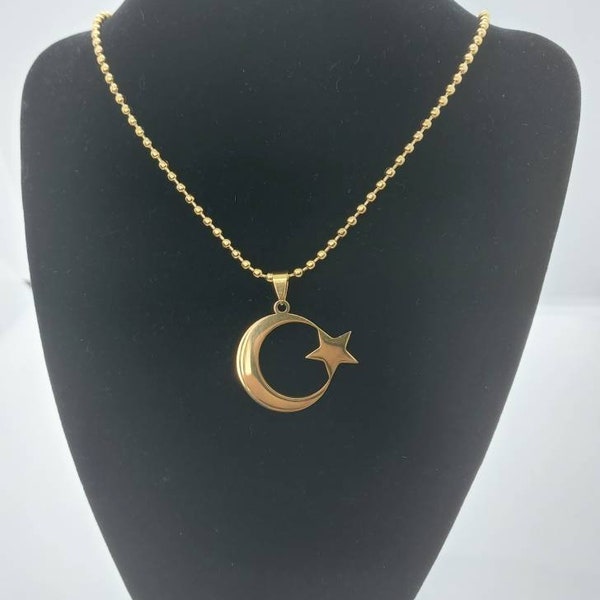 Islamic Moon Crescent & Star Pendant Gold Necklace Jewellery Gift