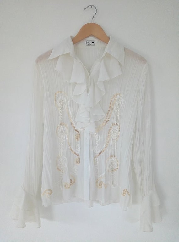 Vintage Ruffled blouse detailed chest white color