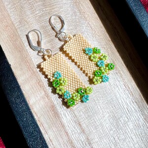 Flower wall earrings, sterling silver clasps and closings, Miyuki handwoven beaded earrings beige and green