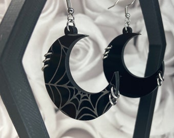 Moon spiderweb Earrings, Gothic earrings, Gothic Jewelry, Goth Gifts, Witchy Jewelry, Witchy Gifts, Gauge Friendly, NU Goth Jewelry