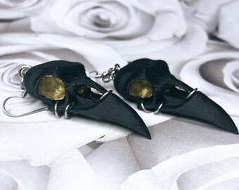 Black Raven Skull Earrings, Gothic Stainless Steel Hooks