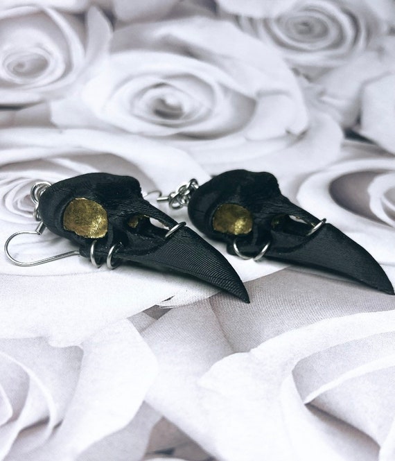 Black Raven Skull Earrings, Gothic Stainless Steel Hooks
