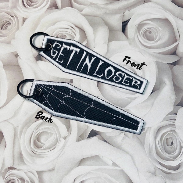 Get in Loser Coffin Keychain, Gothic Jet Tag Keychain, Goth Gifts, Gothic accessories, Spooky gifts, Goth aesthetic