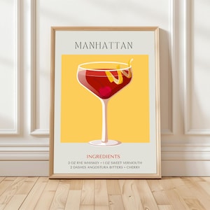 Póster de cóctel Manhattan | Póster de cóctel de whisky de moda | Impresión artística para decoración de pared | Regalo de alcohol | Mural de bar | Bebidas, descarga instantánea