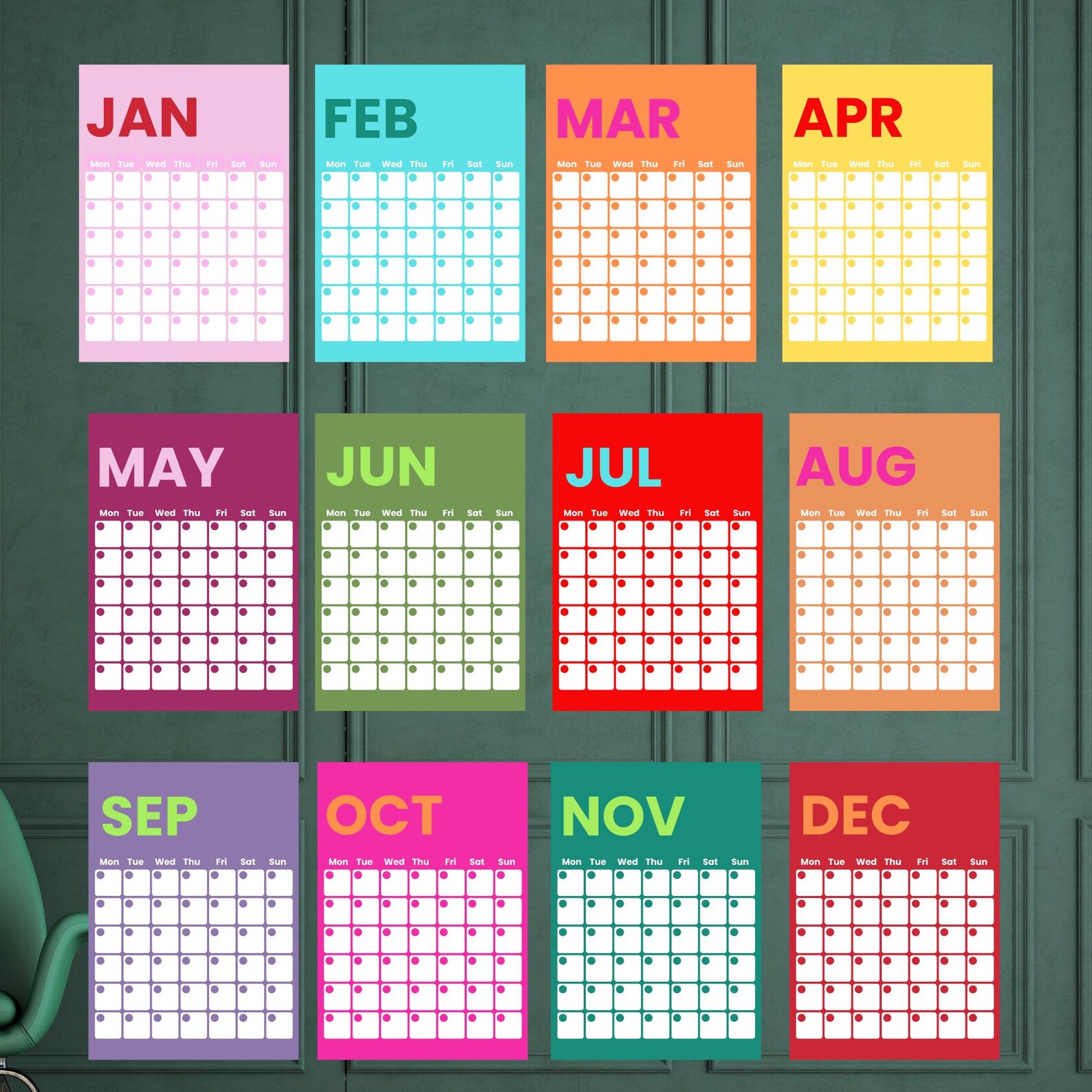 Color Callendar Printable - Undated Wall Calendar A4, A3, A5 US Letter ...