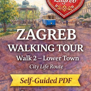 Puede incluir: Ilustración de Zagreb, Croacia, con un tranvía azul, un emblema en forma de corazón y texto que promociona un recorrido a pie. El texto incluye "ZAGREB WALKING TOUR" y "Self-Guided PDF". La imagen sugiere una ruta de 2 horas.