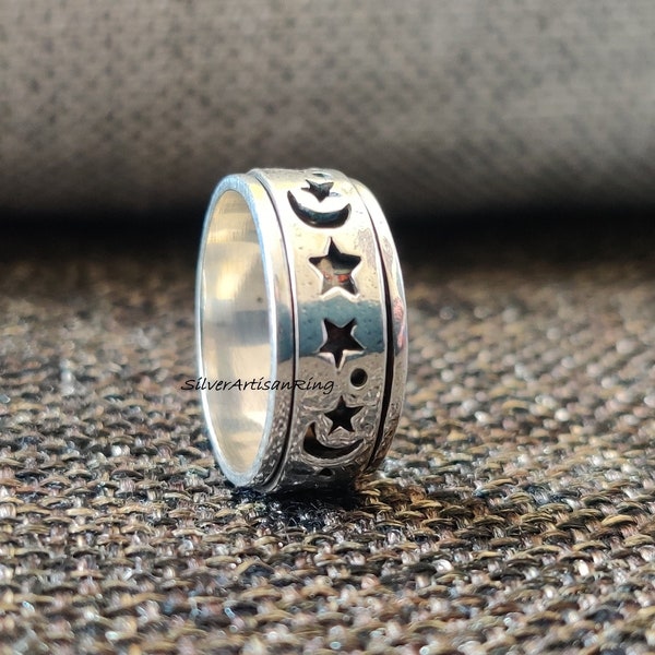 Star and moon spinner,meditation spinner ring, handmade ring, silver ring, 925 sterling silver ring, anxiety ring, thumb ring