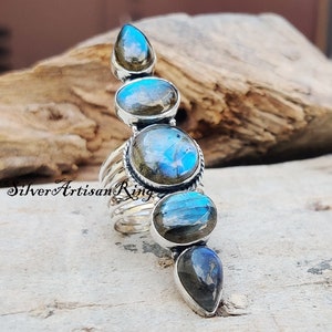 Natural Labradorite Ring 925 Sterling Silver Ring Amezing Ring Five Gemstone Ring Gorgeous Ring Unique Designer Ring Gift for love image 8