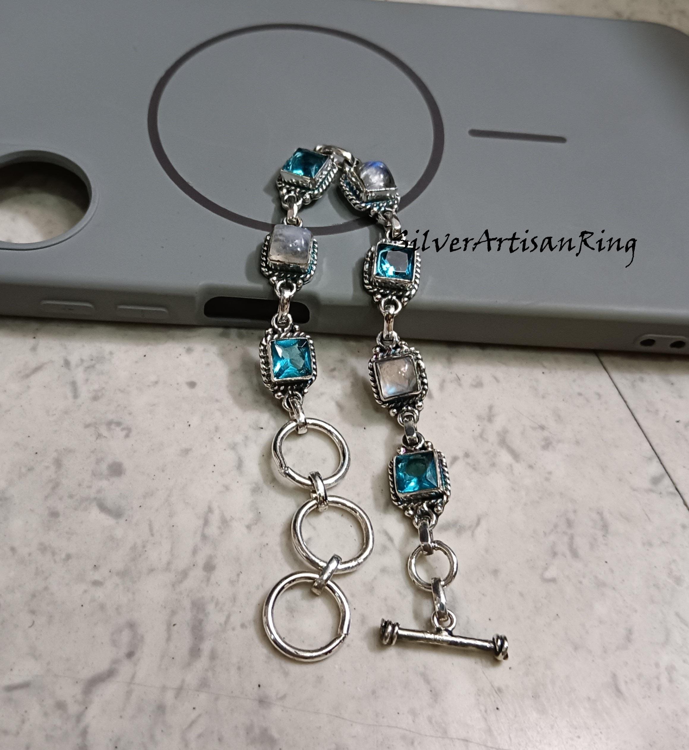 ブルートパーズルースsilver＆グレームーンストーン＆カレンシルバーチャーム他 ブルートパーズ＆ムーンストーンブレスレット* 925スターリング
