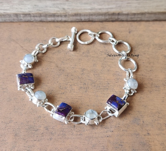 Purple Copper Turquoise & Moonstone Bracelet - Two Gemstone - 925 Sterling Silver - Handmade Bracelet - Designer Bracelet - Birthday Gift