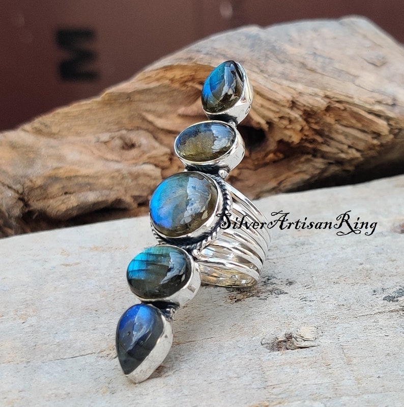 Natural Labradorite Ring 925 Sterling Silver Ring Amezing Ring Five Gemstone Ring Gorgeous Ring Unique Designer Ring Gift for love image 7