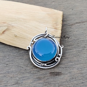 Natural Blue Chalcedony Pendant-Handmade Silver Pendant-925 Sterling Silver Pendant-Round Chalcedony Pendant-Birthstone Pendant