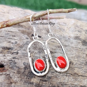 Red Coral Gemstone Earring, Dangle Earring, Red Stone Earring, Unique Gift, Coral Dangle Earring,925 Sterling Silver, Natural Stone Earring