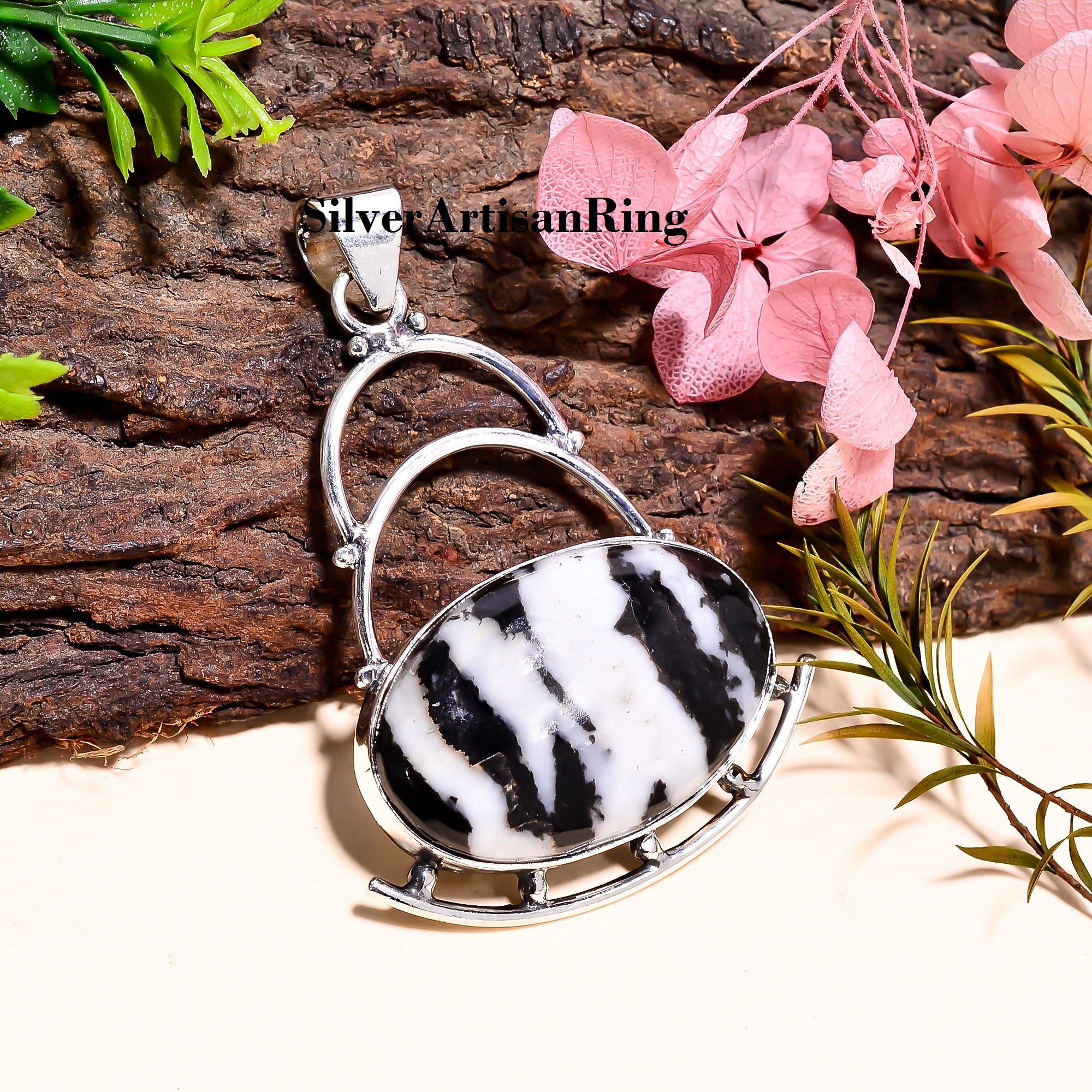 Pendentif En Argent Sterling 925 Et Pierre Zèbre Jasper - Fait Main En Inde, Certifié AGI, Sans Nickel - Neuf Sans Emballage