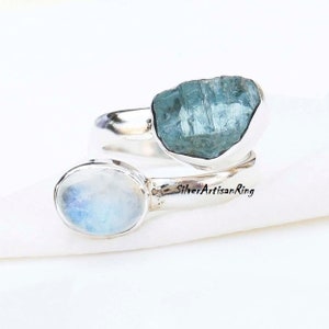Natural Aquamarine Ring// 925 Sterling Silver Ring//Handmade Ring//Moonstone Ring//Gemstone Ring//Raw Stone Ring//Adjustable Ring
