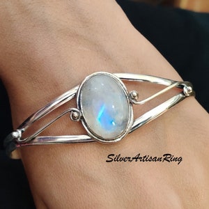 Moonstone Bangle ,925 Silver Bangle ,Oval Stone Bangle, Blue Flash Bangle, Gemstone Bangle,Bohemian Bangle , Woman Bangle, Adjustable Bangle