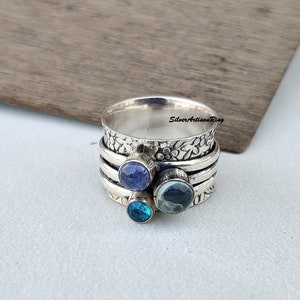 Aquamarine Tanzanite & Blue Topaz Ring- Natural Gemstone Ring- 925 Silver Ring- Dainty Ring- Spinner Ring- Aquamarine Jewelry- Worry Ring