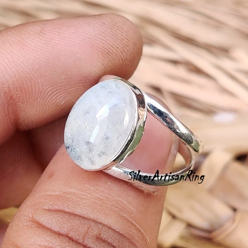 Boho Rainbow Moonstone Sterling Silver Ring Gift for Women