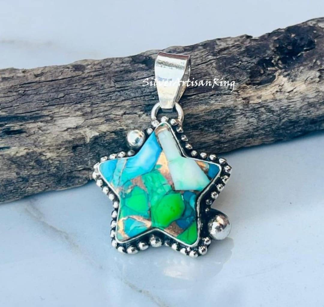 Peacock Dahlia Copper Turquoise Pendant - Star Design - Natural